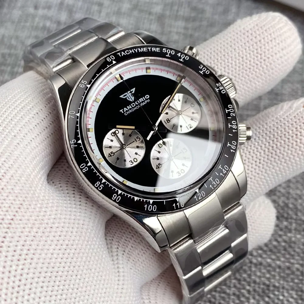 

Tandorio Новые черные кварцевые наручные часы Тахиметр Безель Многофункциональные сапфировое стекло Япония VK63 Кварцевые часы для мужчин