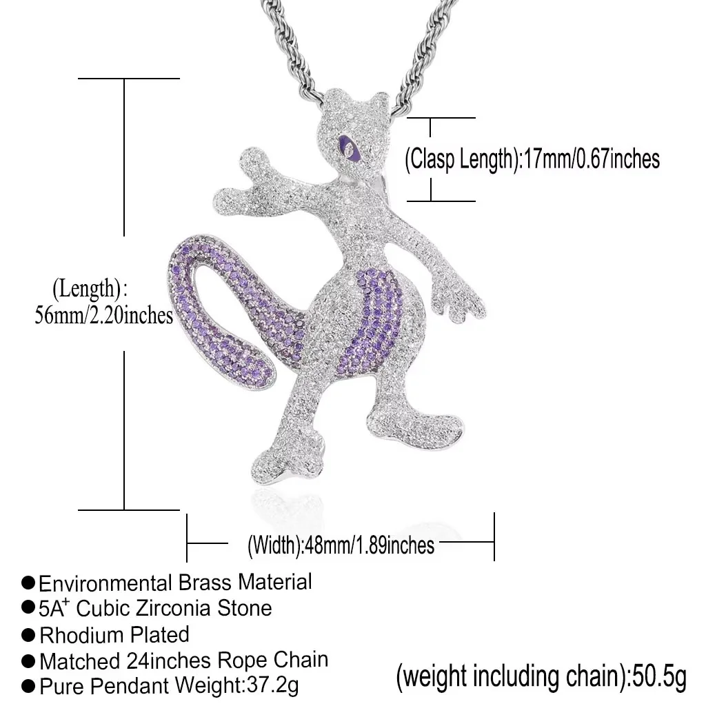 PokéMon Mewtwo Figure Necklace Anime Cartoon Pendant Kawaii Cute Zircon Casual Fashion Hip-Hop Jewelry Birthady X-Mas Gift