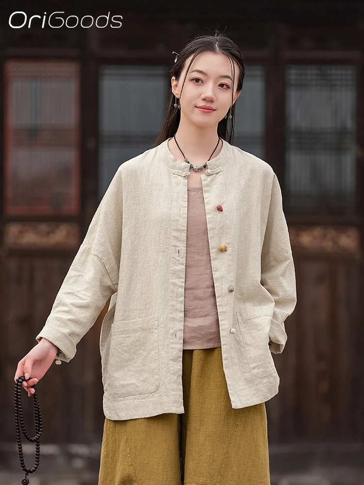 

OriGoods льняная рубашка с длинными рукавами, женская хлопковая блузка с лягушкой и пуговицами Ramie, свободная китайская традиционная одежда, винтажная рубашка C101