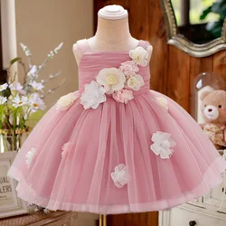 Pink Flower Party Tutu Dress For Baby Girls Fluffy Costume Infant Girl 1st Birthday Flash Clothes Kids Evening Wedding Dresses