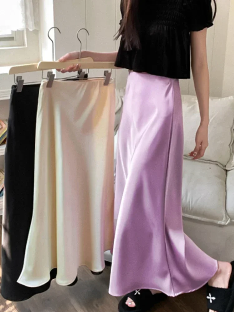 

Elegant Women's Skirts High Waist Silk Satin A-line Skirt Lady Fashion Solid Color Purple Long Skirts for Women Fashion 2024