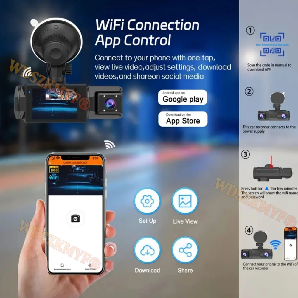1080P جهاز تسجيل فيديو رقمي للسيارات واي فاي APP 3/2 عدسة داش كام للسيارات كاميرا لمسجل السيارة فيديو كاميرا أمامية وخلفية للرؤية الليلية داشكام #4