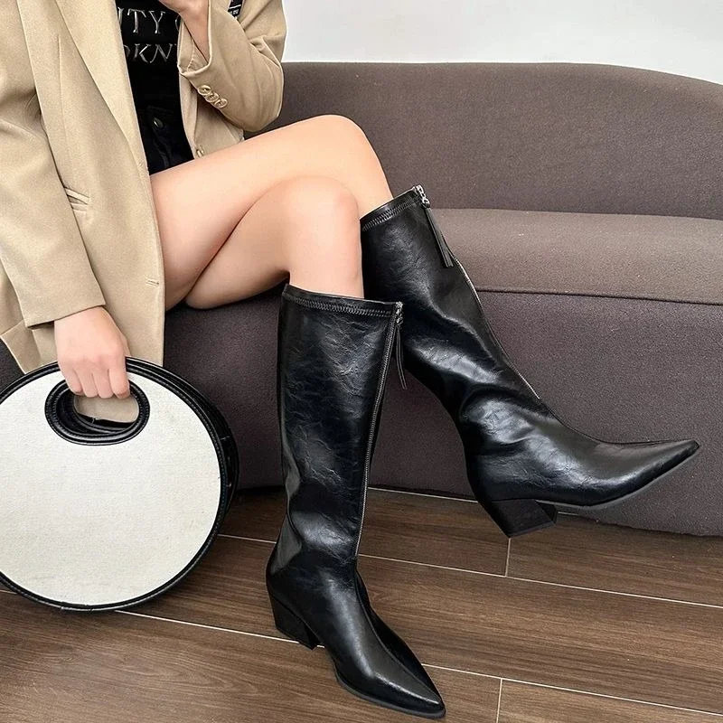 

Женские туфли до колена с острым носком на молнии и застежкой-молнией, новинка в обуви по запросу, готические дизайнерские роскошные длинные сапоги Pu 2025 Rock для женщин