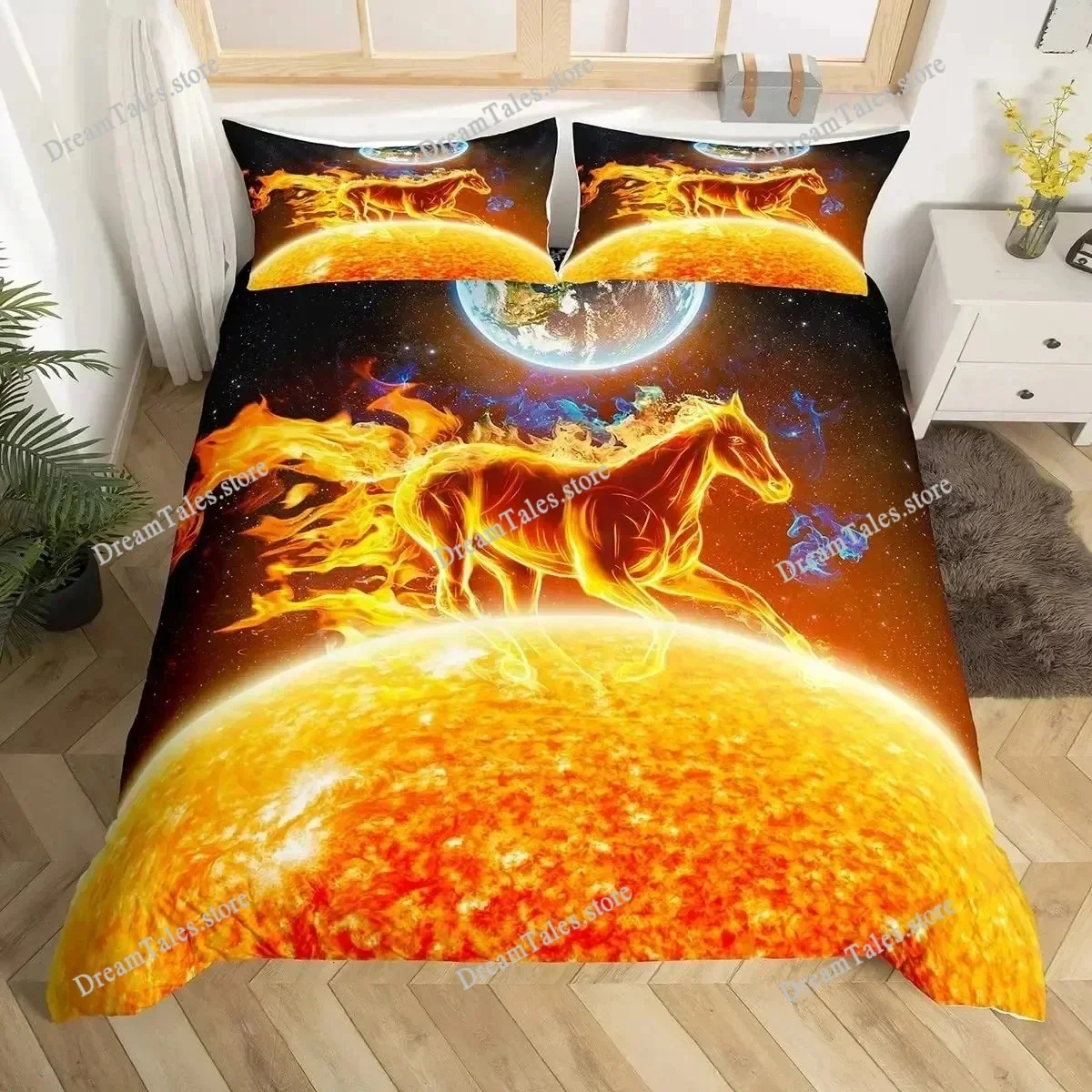 

Bird Duvet Cover Set,Ice and Fire Collision Bedding Set,Trippy Wonderland Animals Comforter Cover Blue Red Quilt Bed Cover