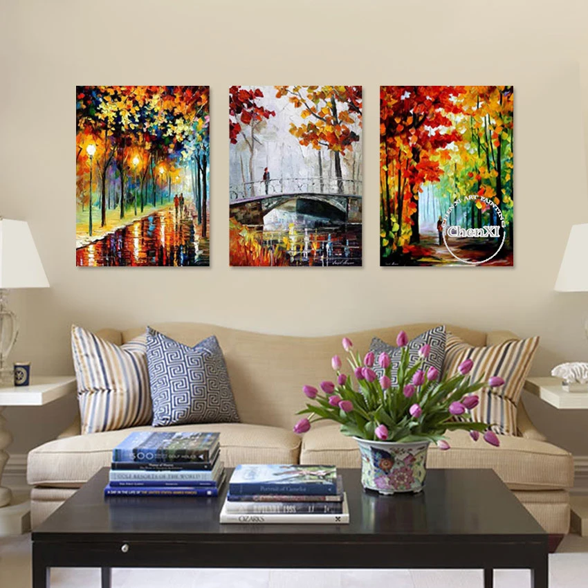 

Palette Knife Canvas Wall Panels Art 100% Hand-painted Street Night Autuman Scenery Oil Painting Living Room Decor 3 Pieces Art