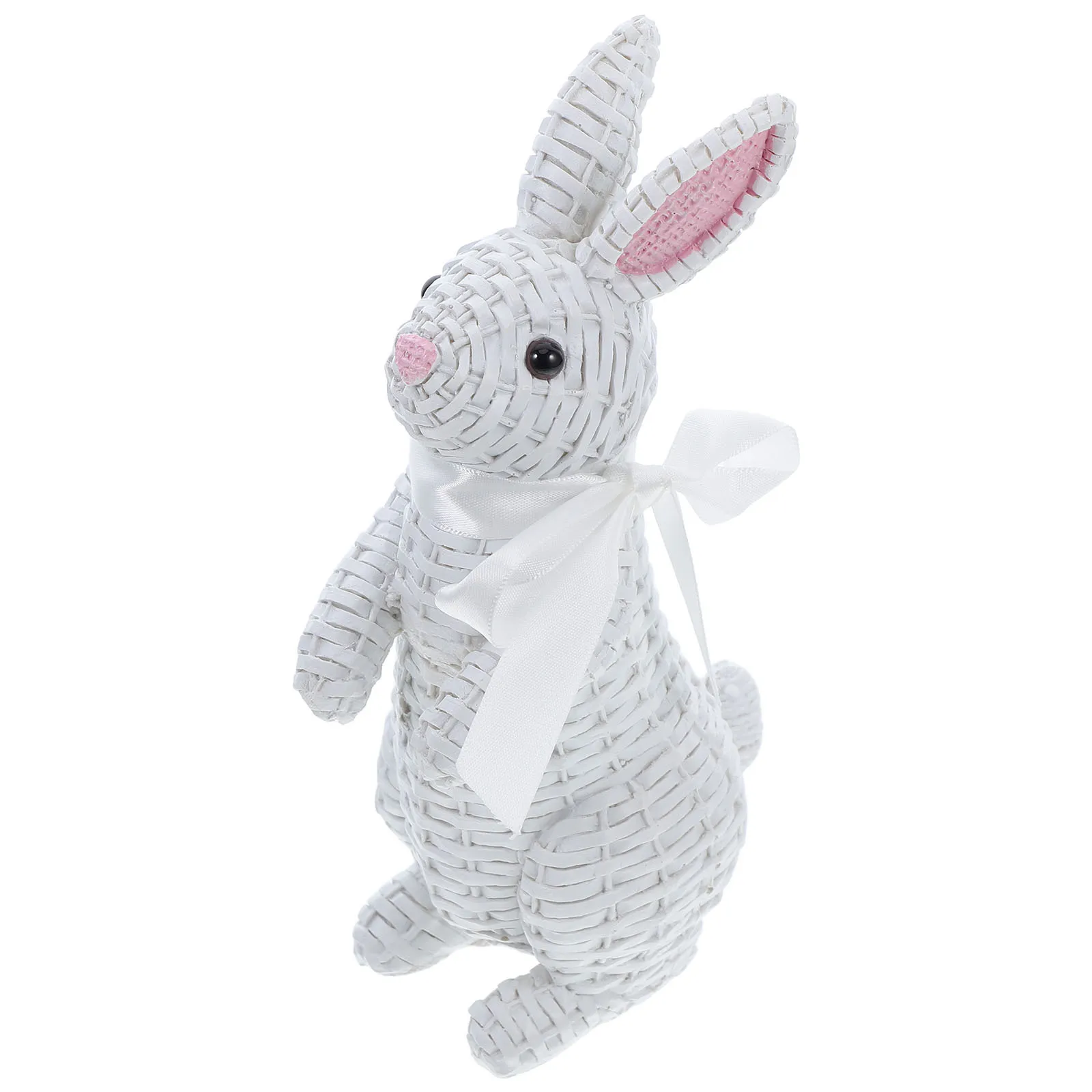 

Cute Resin Bunny Statue with Faux Rattan Finish and Bowknot Easter Home Decor for Living Room Garden Party Centerpiece