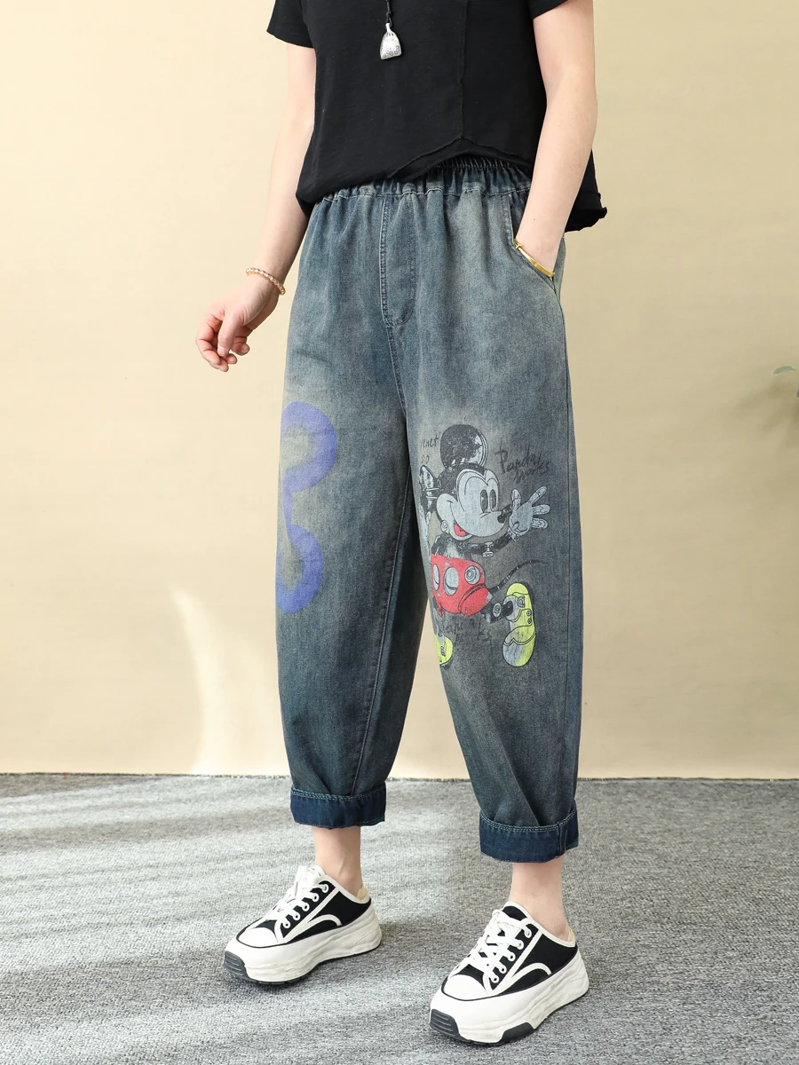 Retro Old Gradual Change Cartoon Print Jeans Loose Denim Harlan Pants Thin Summer Pants Ankle Length Women Jeans 2025 New