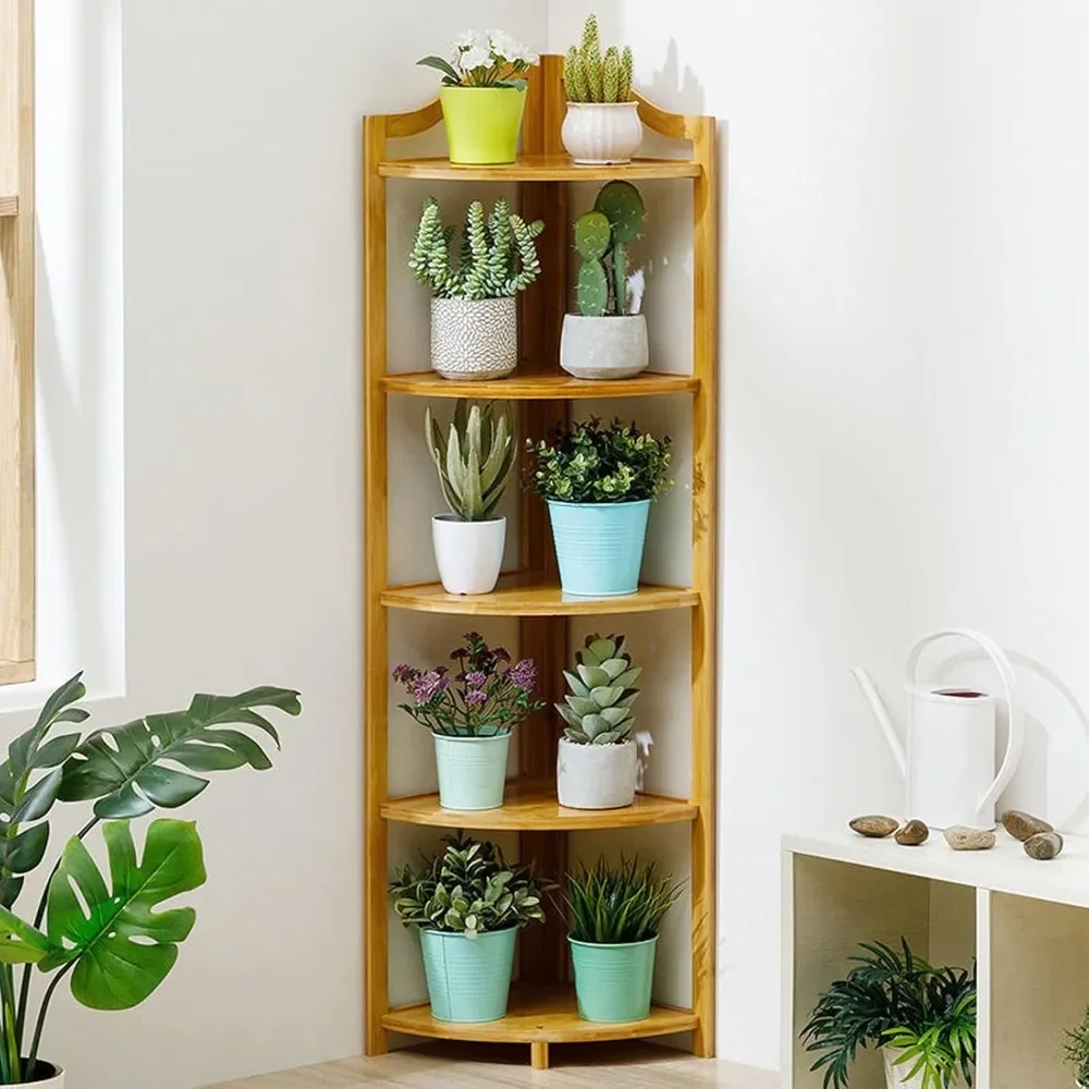 

Corner Flower Shelf - 5 Tier Bamboo Bookshelf & Multipurpose Display Rack in Natural Color