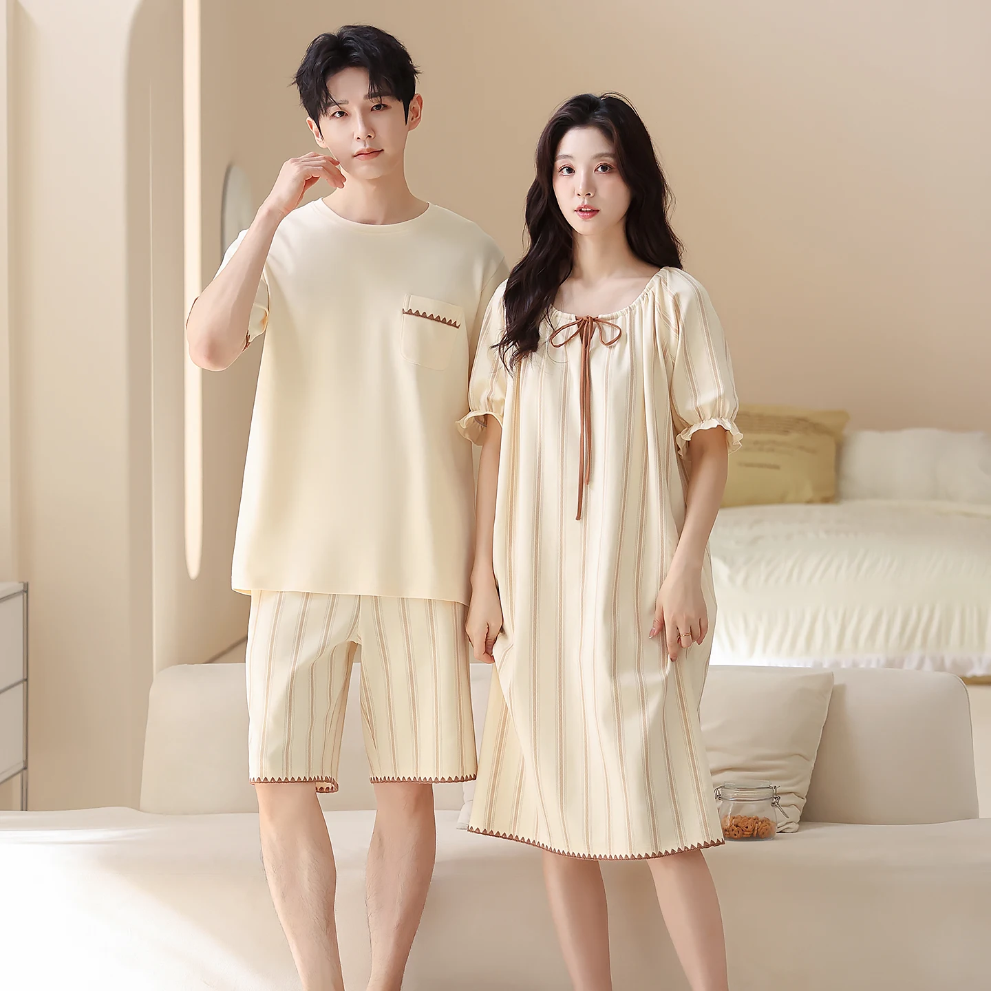 

Новейший летний комплект пижам для пар: мужские пижамы из 100% хлопка с коротким рукавом и женские ночные рубашки