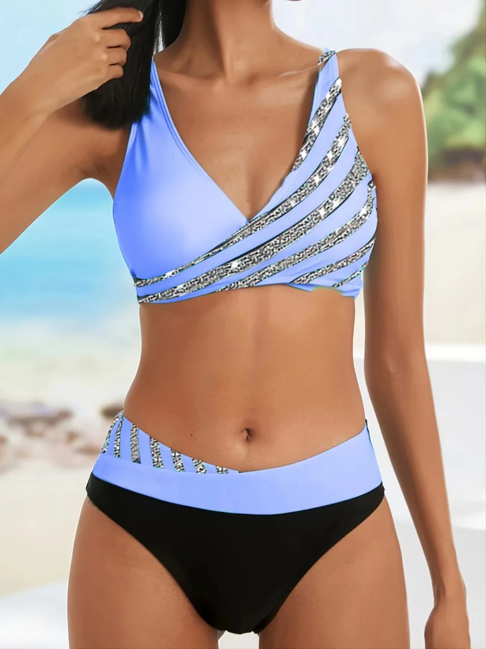 V Neck Bikini Set 2026 Women Stripe Print Patchwork Swimwear Summer Beachwear Swimsuit Female Bathers Bathing Swimming Suit 3XL