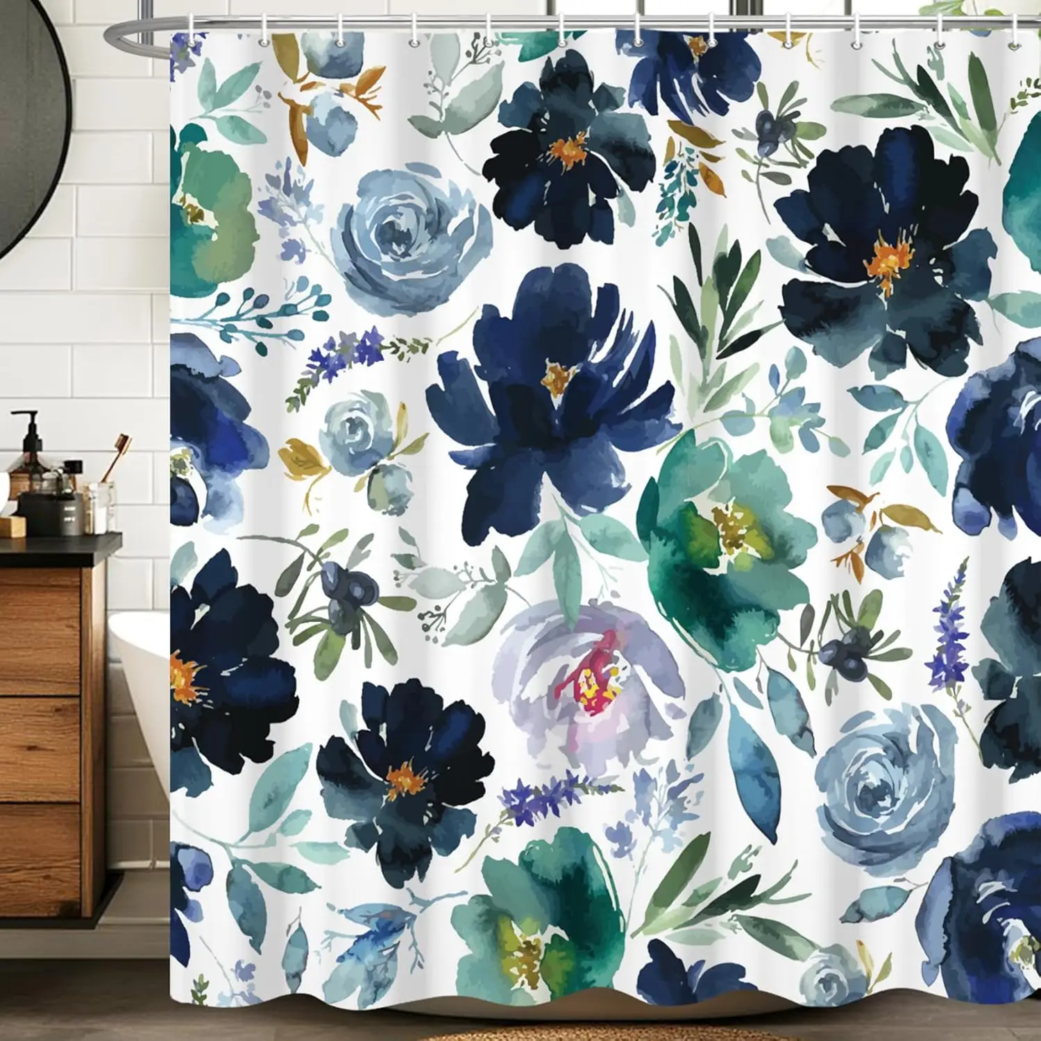 

Watercolor Blue Floral Bouquet with Green Leaves Waterproof Decorative Shower Curtain for Farmhouse Bathroom Decor