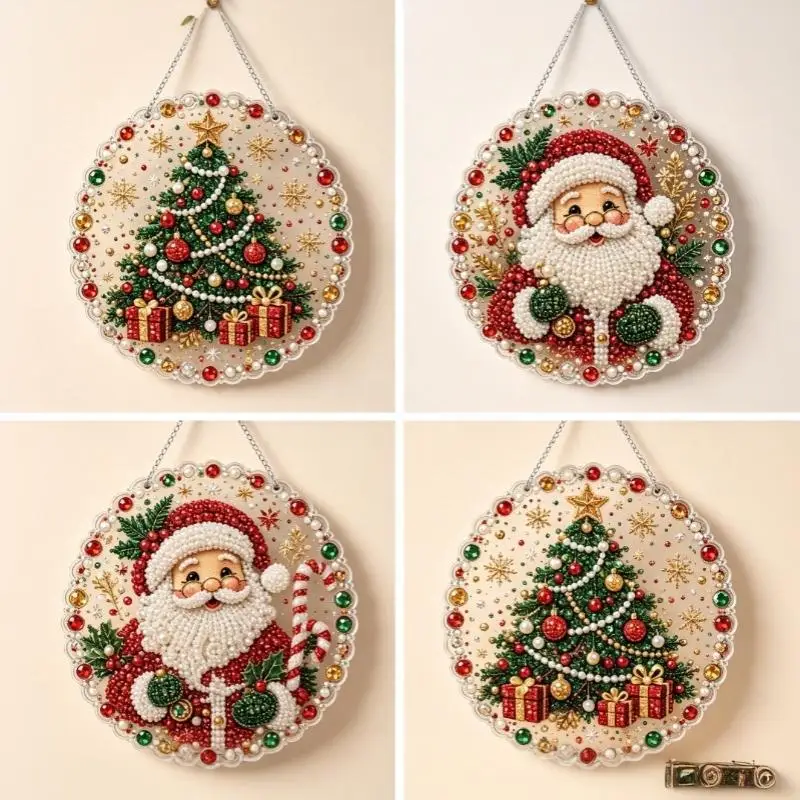 3D Christmas Pearl Rhinestone Painting Kit DIY Craft Metal Chain Festive Window Wall Pendant Decoration