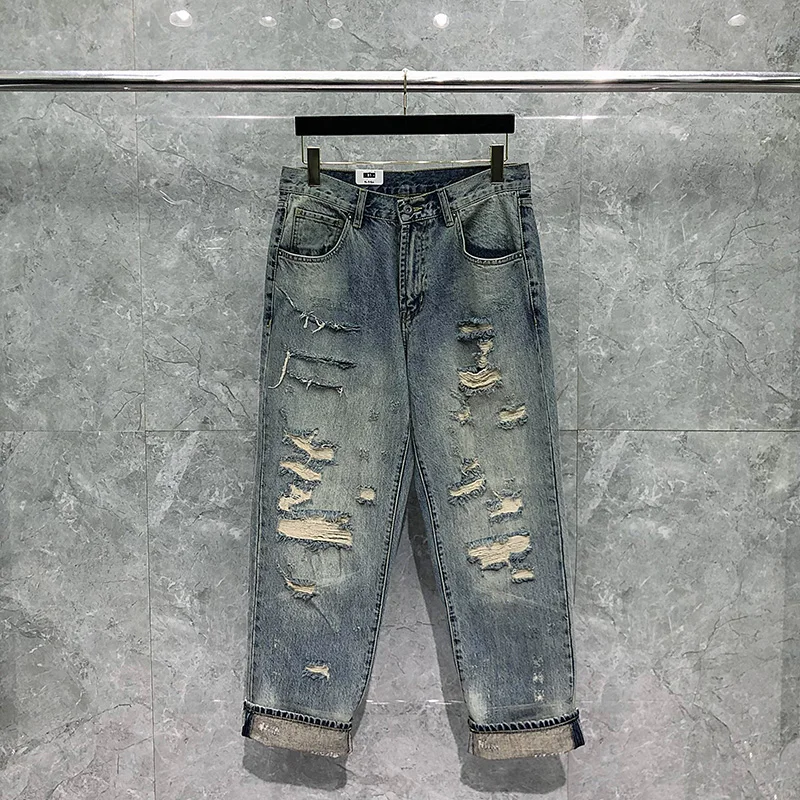 

Heavy Weight Jeans Men's Frayed Hole Street Wind Hip-Hop Trendy Denims Trousers Luxury Fashion Casual Retro Washed Denims
