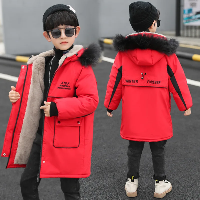 -30℃ 2024 Winter Boys Jacket Plush Thick Cold Prevention Solid Color Hooded Down Cotton Windbreaker Coat For 4-14 Years Old Kids