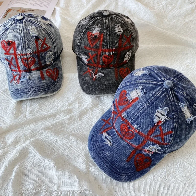 Hand-painted denim hat, European and American style, distressed hip-hop cap, wholesale summer soft-top baseball cap