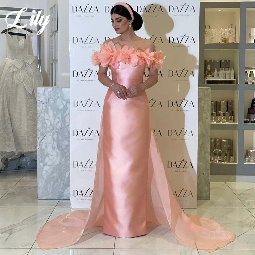

Lily Pink Prom Dresses Off the Shoulder Trumpet Party Dresses with Flowers Layered Mermaid Pleats Evening Dresses Customized