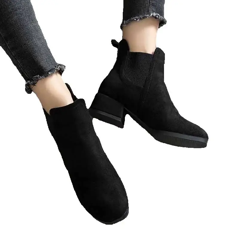 

Женские модные ботильоны на квадратном каблуке 3,5 см, осенне-зимние ботинки без шнуровки с круглым носком, однотонные повседневные черные верблюжьи ботинки, размер 35-41