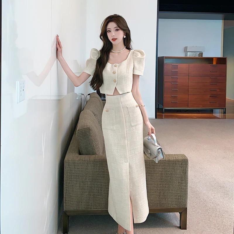 High Quality Chic Fashion Summer Two Piece Set Women Square Collar Beige Puff Sleeve Crop Top + High Waist Bodycon Skirts Suit