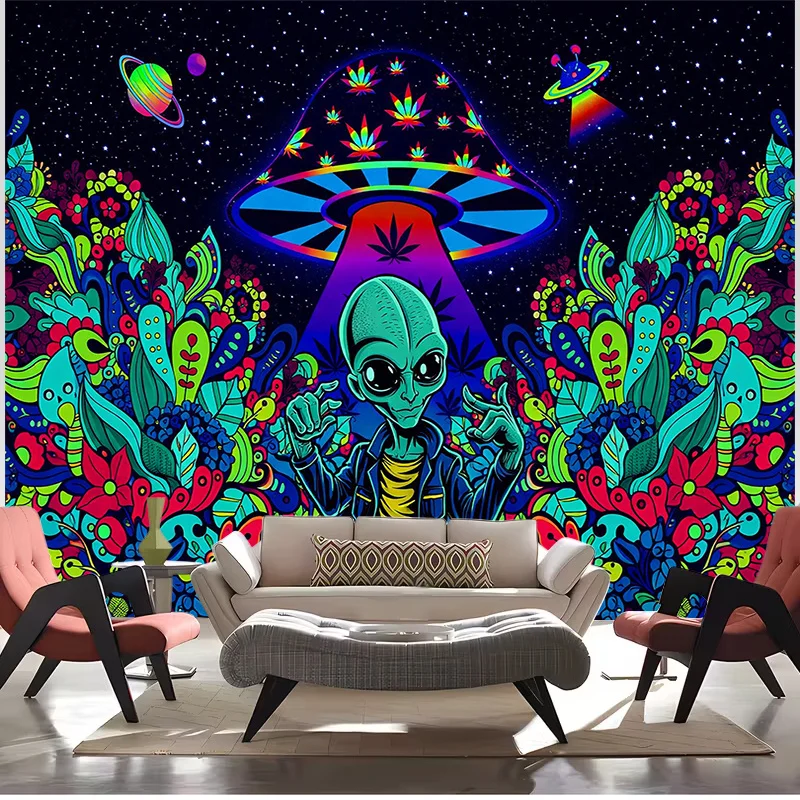 Psychedelic Cosmic Rave Tapestry Wall Hanging Abstract Alien Neon Forest Mural Boho Festival Art Decoration Tapestry Poster