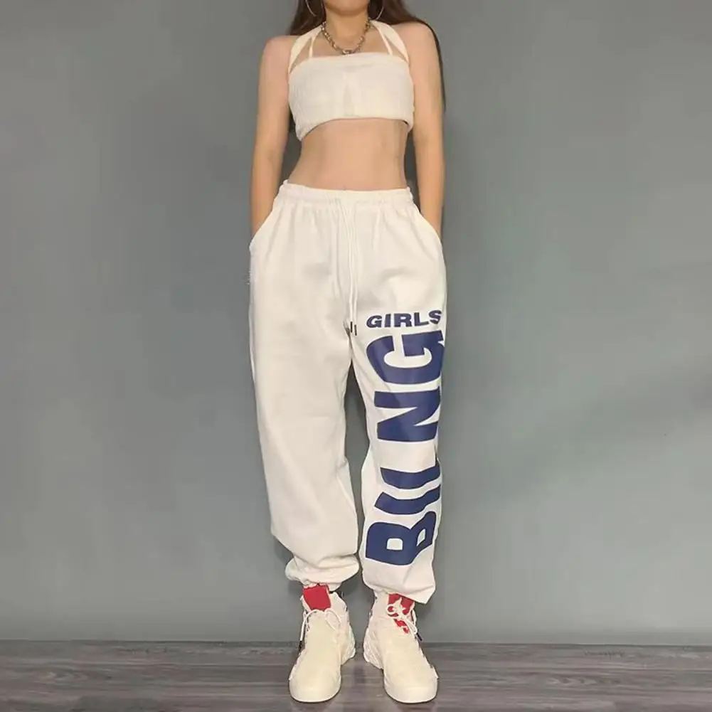 

Solid Color Wide-leg Trousers Stylish Women's Wide Leg Dance Pants with Elastic Waist Letter Print Hip Hop Style for Sport