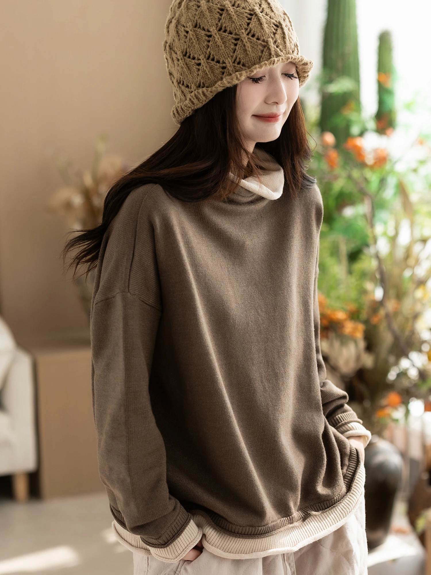 

Новый ретро-свитер Kyu из шерсти с высоким воротником и длинными рукавами, имитация двухслойности, теплый вязаный свитер для женщин