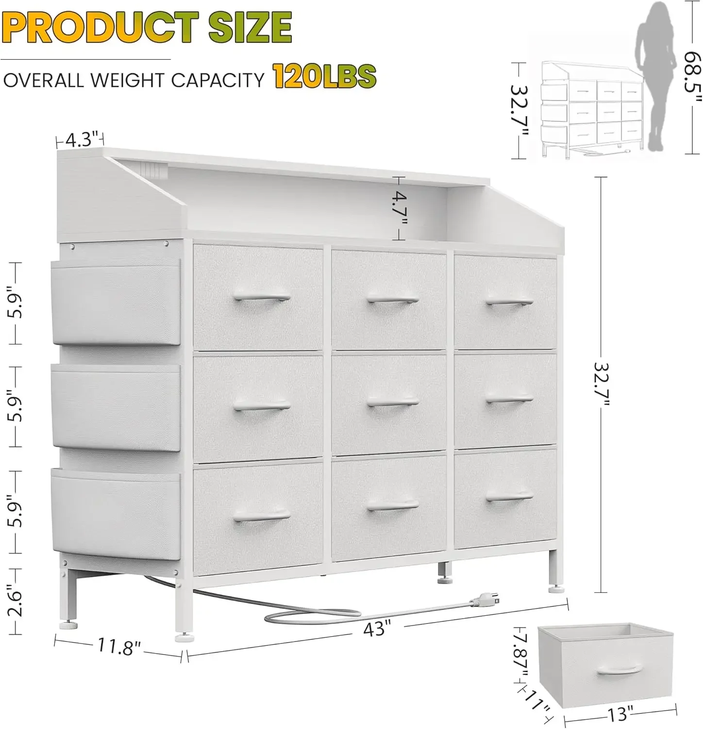 White Dresser for Bedroom 9 Drawers - Fabric Dressers for Bedroom with LED Light & Charging Station - Adults Chest of