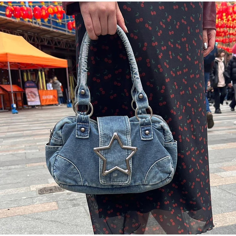 Y2k Star Handbag For Personality Women Large Capacity Fashion Vintage Denim Shoulder Bags High Quality Metal Star Square Bag