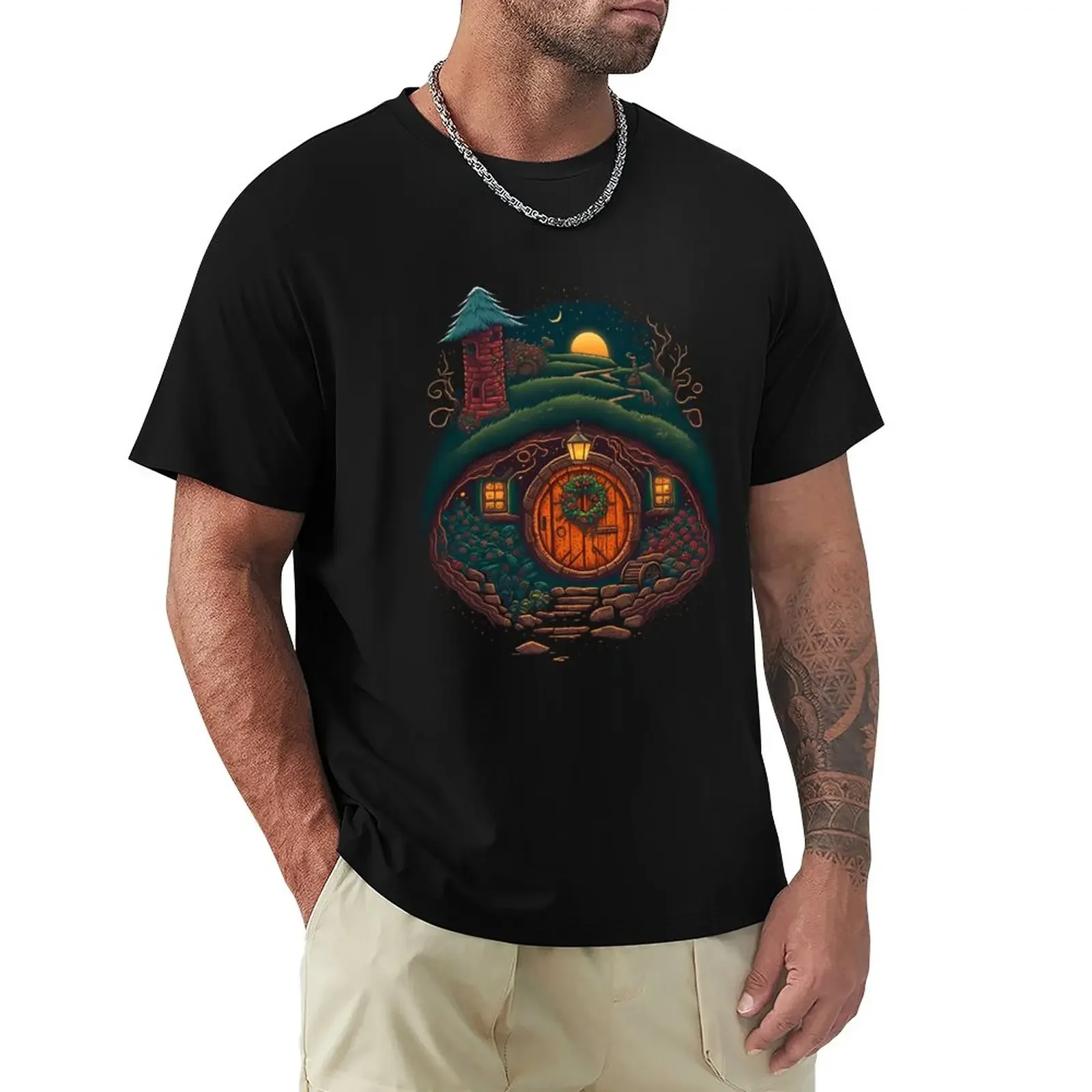 A Halfling Home by Christmas - Round Doors - Fantasy T-Shirt summer clothes sweat mens t shirts