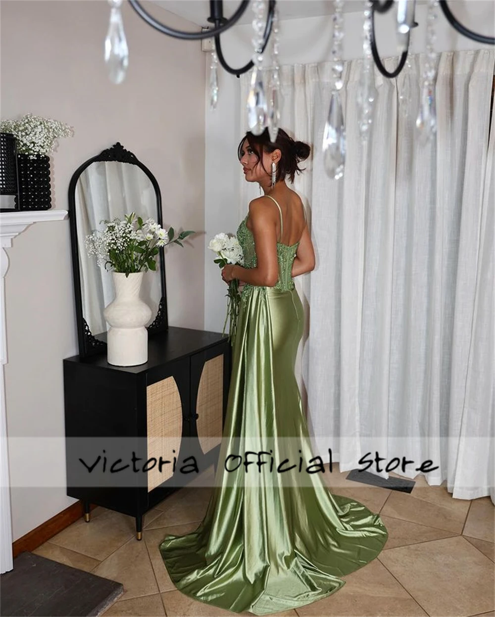 Light Green High Split Beaded Spaghetti Mermaid Prom Dresses For Black Girls Luxury Evening Dress Luxury Wedding Customized