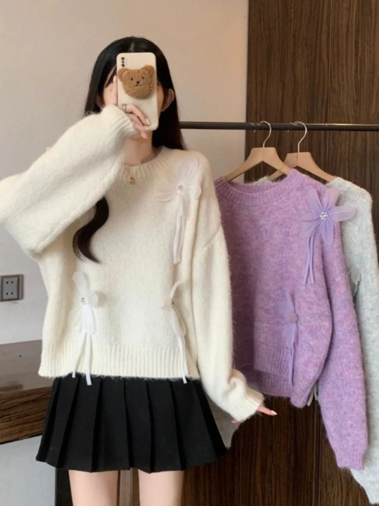 Doce outono e inverno casual quente grosso malha pulôver camisola doce estilo feminino tridimensional arco decoração camisola