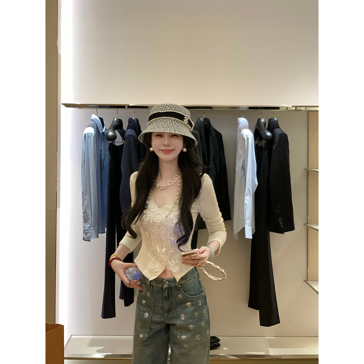 

Женский вязаный топ Sy Ele Long Sve V-Ne с блестящими бусинами, модный, для осенне-зимнего сезона