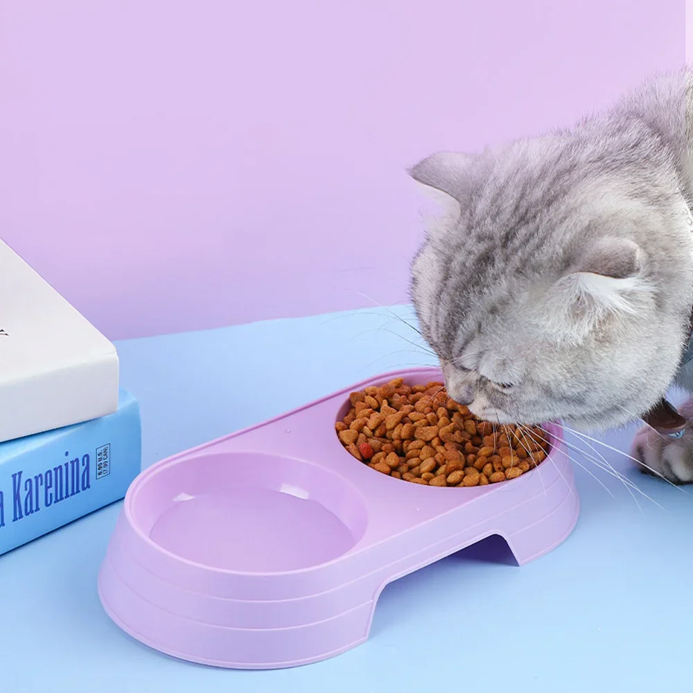 1Pc  Macaron Pet Double Bowl Plastic Kitten Dog Food Drinking Tray Feeder Cat Feeding Pet Supplies Accessories