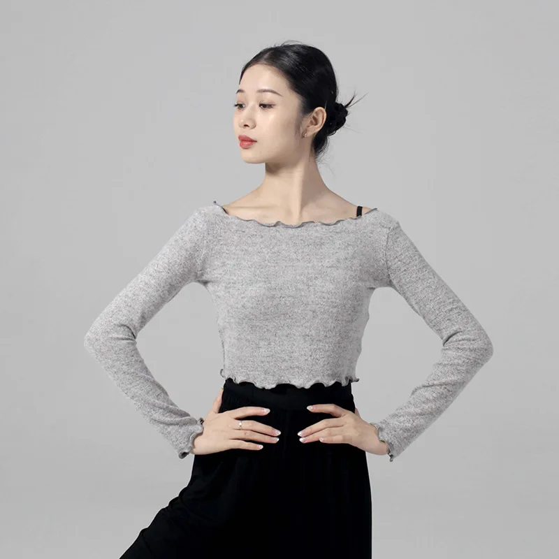 Herfst en winter balletoefenkleding lange mouwen tops volwassen dames één-woord kraag dans moderne truien