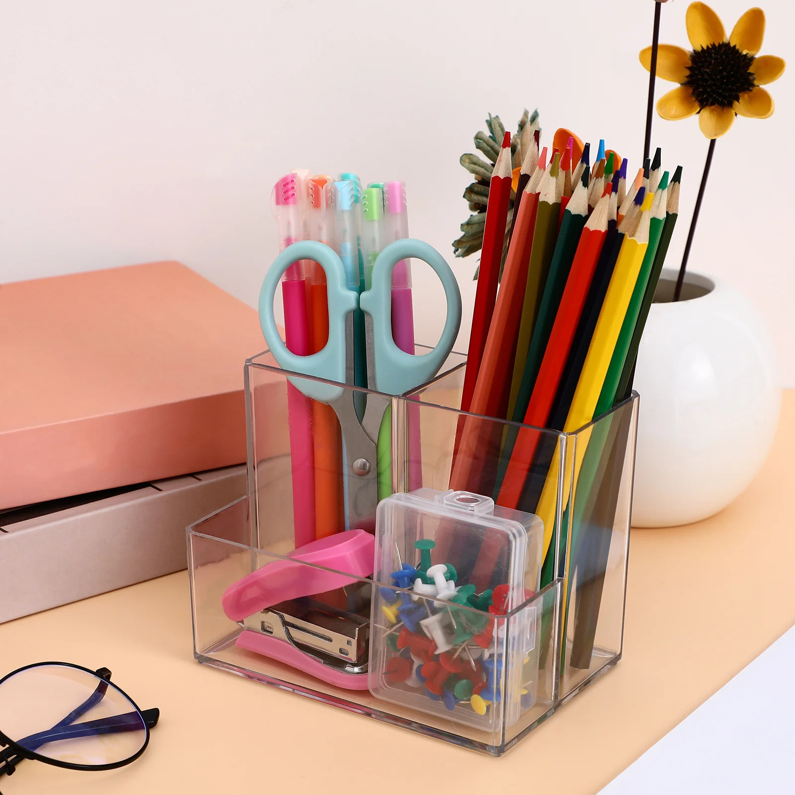Durchsichtiger Desktop-Make-up-Organizer mit geteilten Fächern, Pinselhalter für Kosmetika, Hautpflege, Stifte, Bürobedarf, Aufbewahrungskoffer
