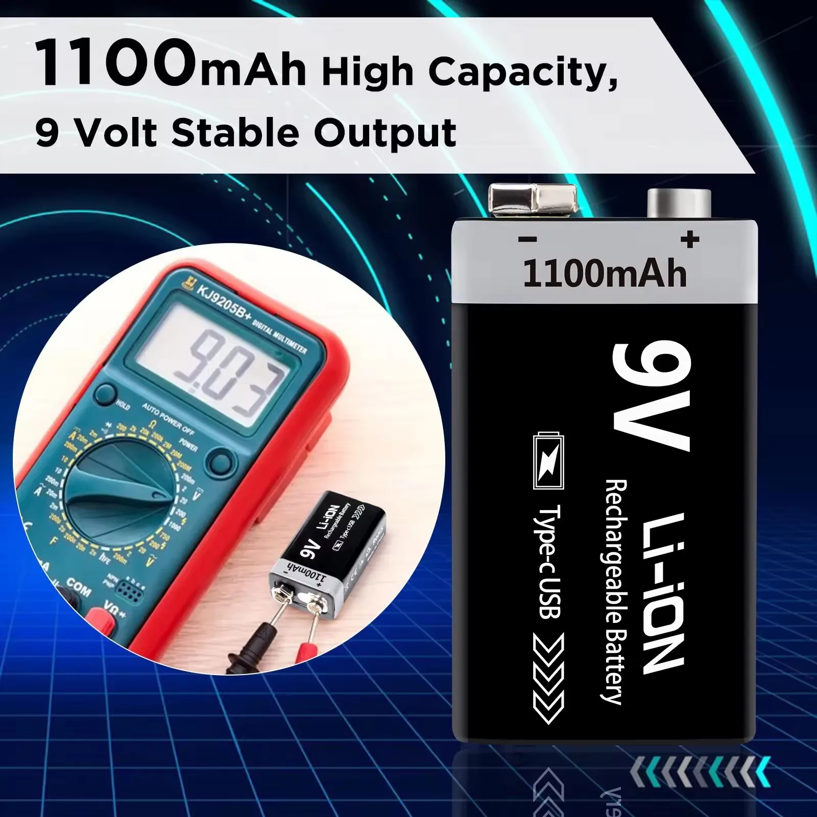 MATOV Batteria ricaricabile USB 9V 1100mAh Tipo-C Batteria ricaricabile agli ioni di litio 6F22 9V per giocattolo multimetro modello elicottero RC