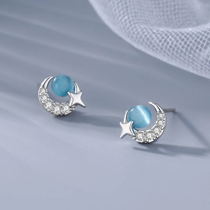 Fresh and small blue starry moon earrings for women exquisite girls simple and trendy earings stud party fine jewelry gifts