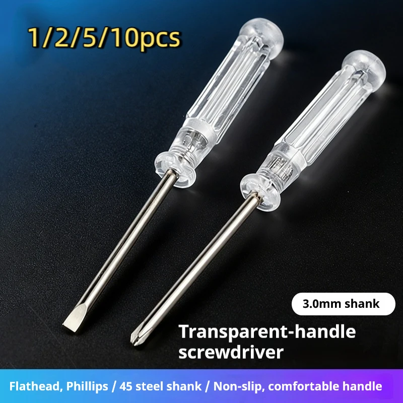 Mini 3.0mm Phillips & Flat Head Screwdriver Kit, Clear Transparent Handle 45 Steel Shaft Household Hand Screwdriver Repair Tools