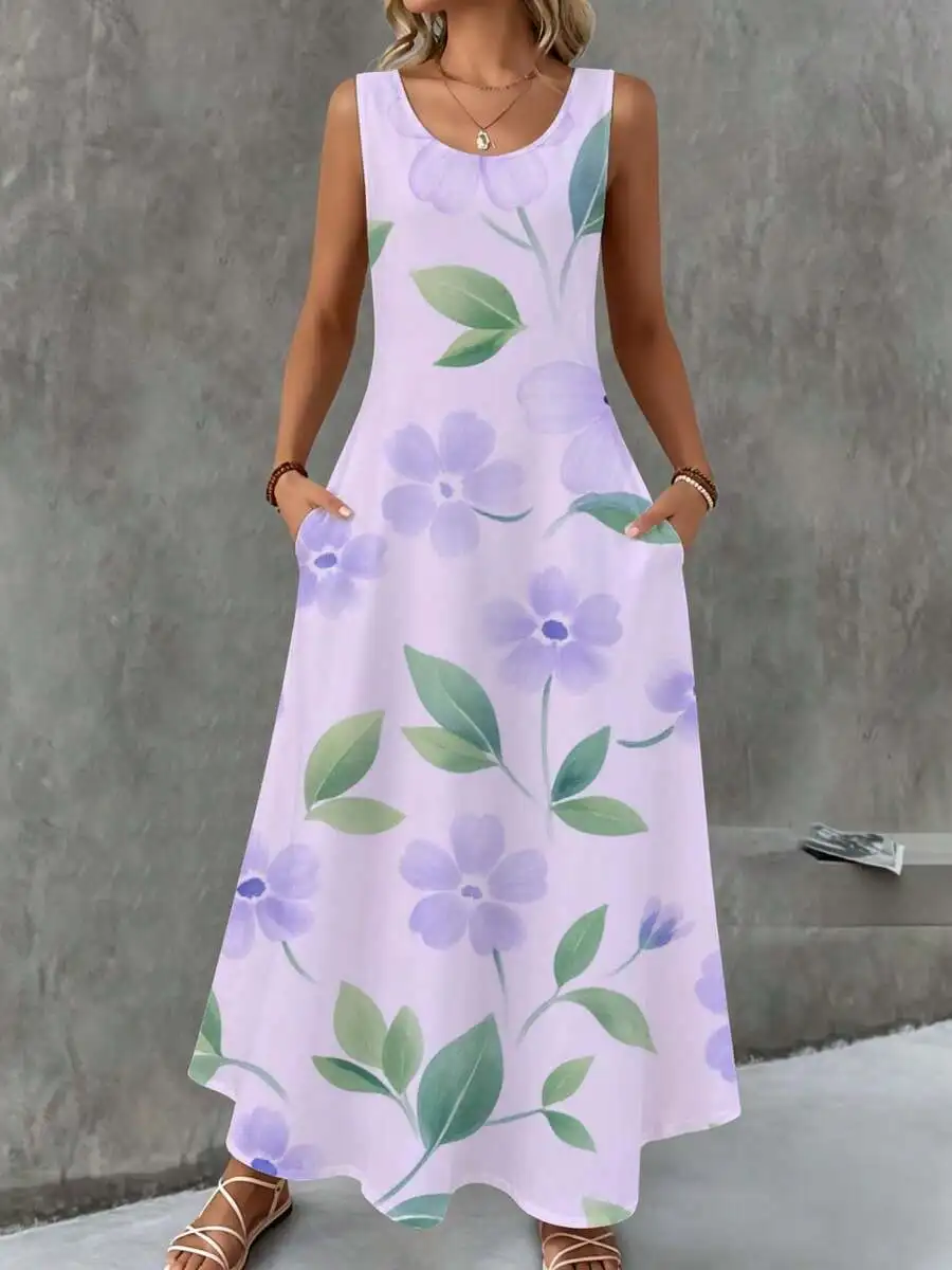 

Floral Print Sleeveless Maxi Dress Light Purple Summer Beach Casual Wear