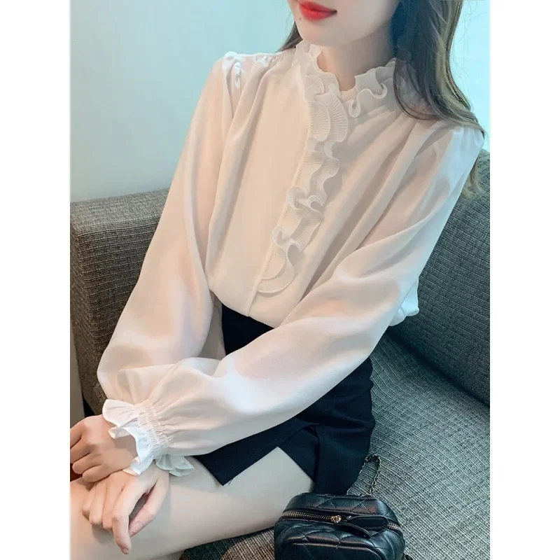

Design sense fungus edge long-sleeved chiffon shirt women's spring 2025 early spring new niche chic top
