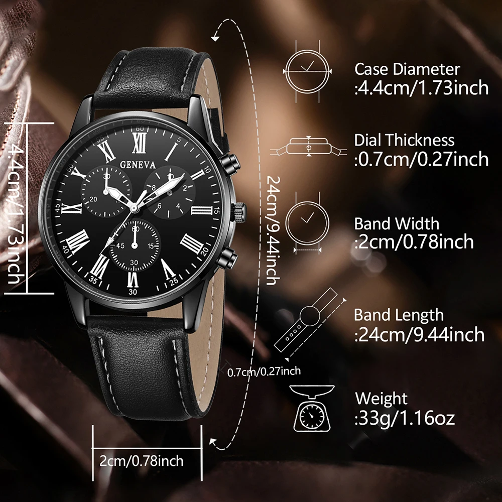 4PCS Black Men's Watch Set Business Trend Versatile Roman Digital Scale Quartz Watch Bracelet Necklace Ring Set Perfect Gift Set image 5