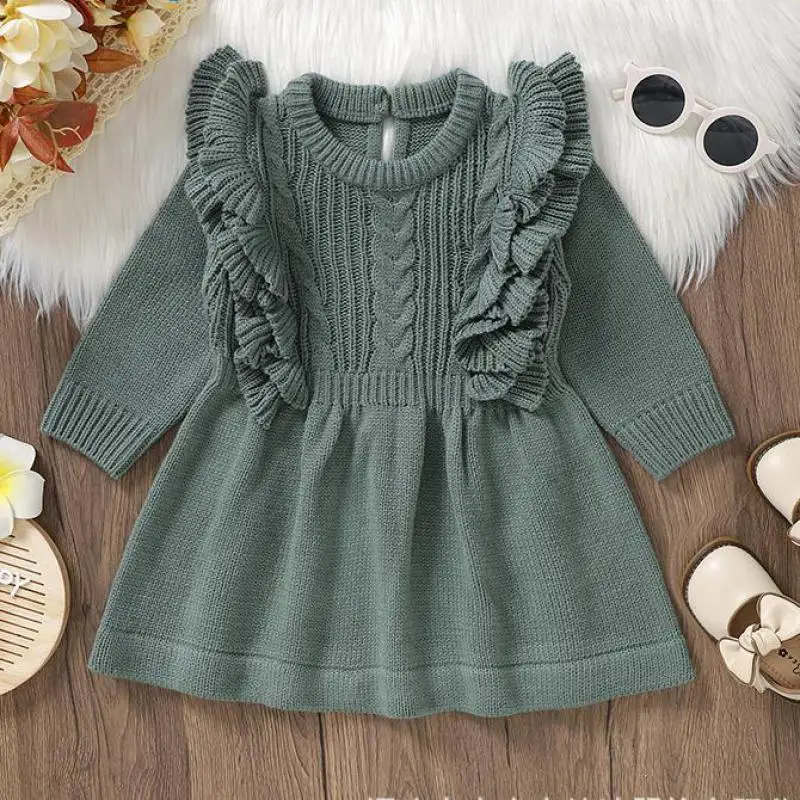 Autumn Winter Children\'s Clothing Girl Baby Solid Knitted Flouncing Long Sleeve Dress Fashion Kids Knit Casual Princess Dresses