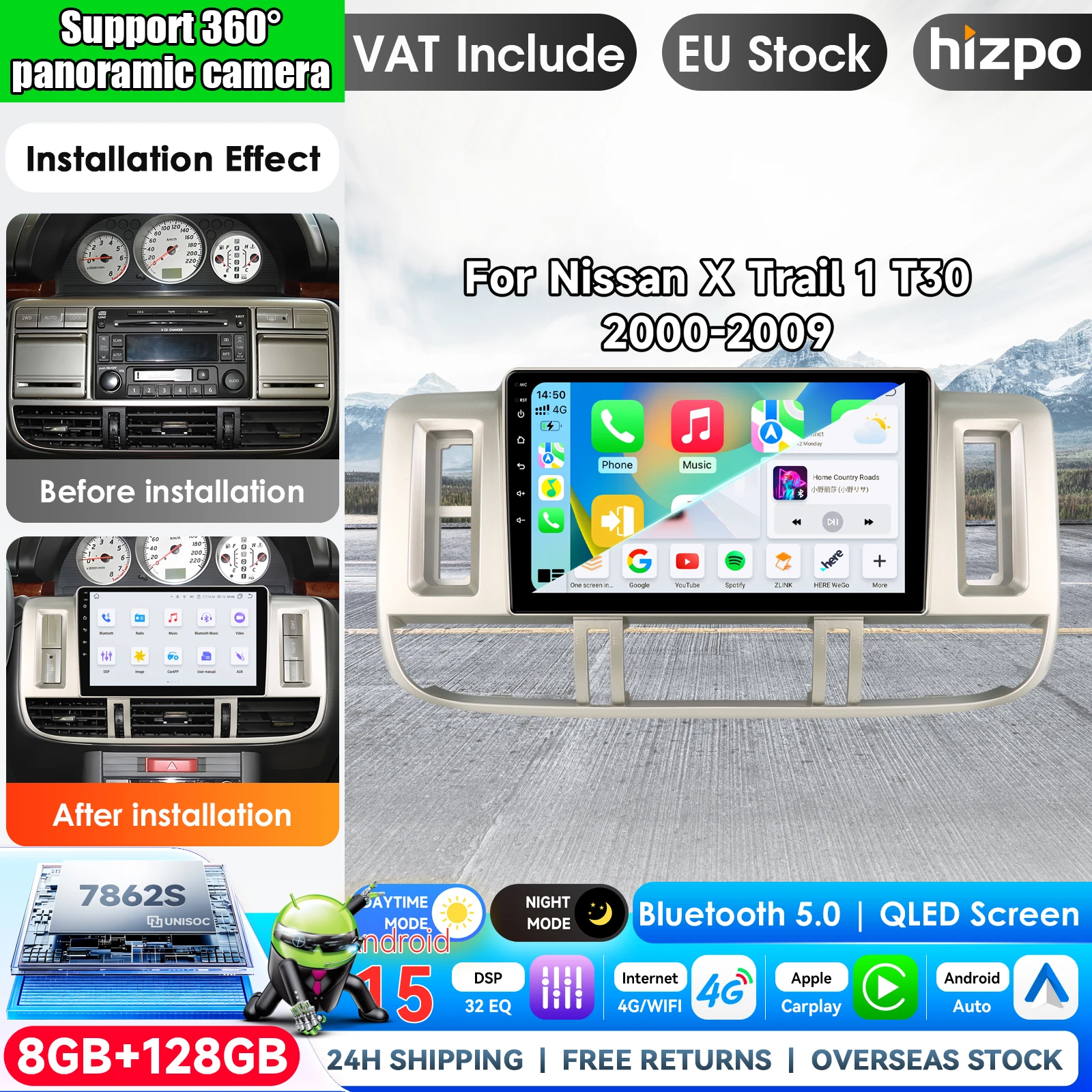 Android 15 Autoradio für Nissan X-Trail 1 T30 2000-2009, kabelloses CarPlay, Autoradio mit GPS-Navigation, 360°-Kamera, 2-DIN-System, Stereo, GPS, SWC, Bluetooth, FM, RDS, DSP, IPS-Bildschirm,