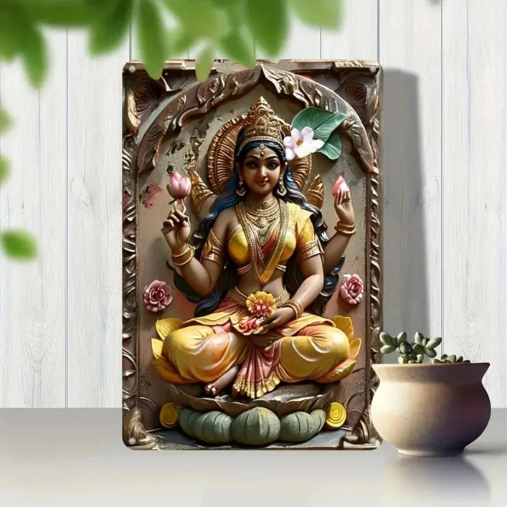 فن دائري من الألومنيوم من Goddess Lakshmi، طباعة عالية الدقة بالأشعة فوق البنفسجية لديكور الحائط للهندوسية للمهرجانات المنزلية