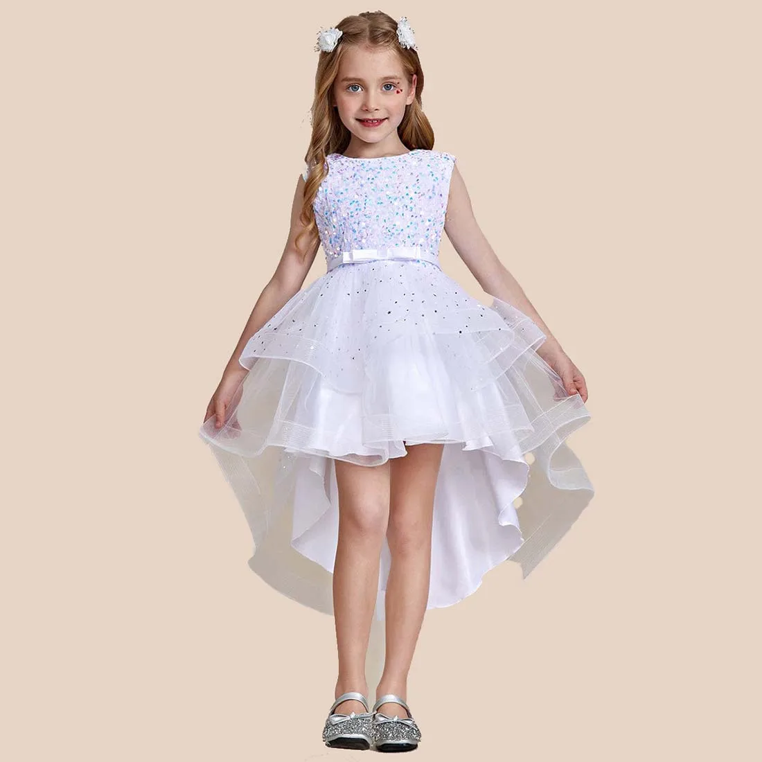 YZYmanualroom Sparkling Tulle Flower Girl Dress Glitter High Low A-Line Sleeveless Multi-Layered 2-15T