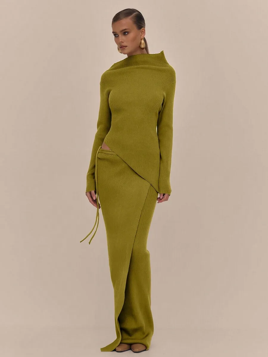 

Olive Green Side Tie Wrap Knit Maxi Skirt And Sweater Set