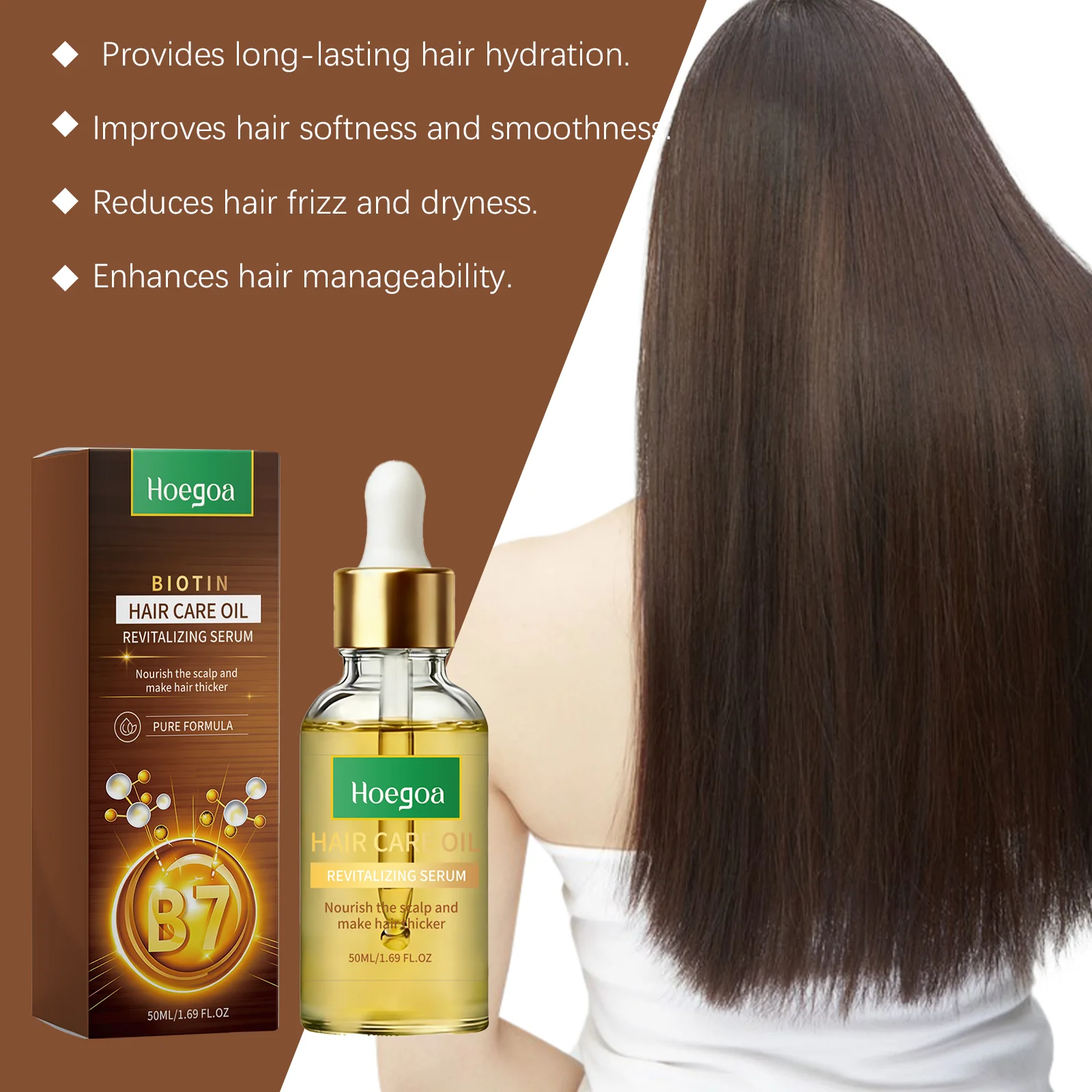 HOEGOA 50mL Hair Revitalizing Serum, Long-Lasting Hair Hydration, Improves Softness And Smoothness, Reduces Frizz And Dryness