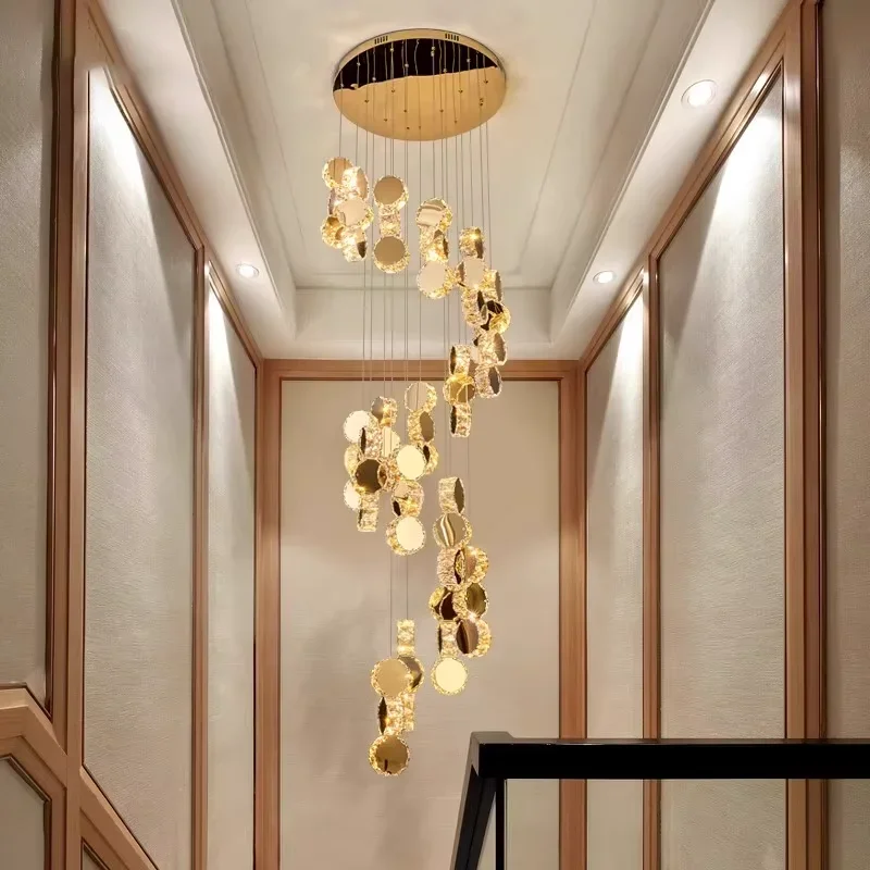 

Gold Crystal Chandeliers Interior Designer Living Room Lamp Villa Restaurant Attic LED Pendant Lamp Modern Staircase Chandeliers