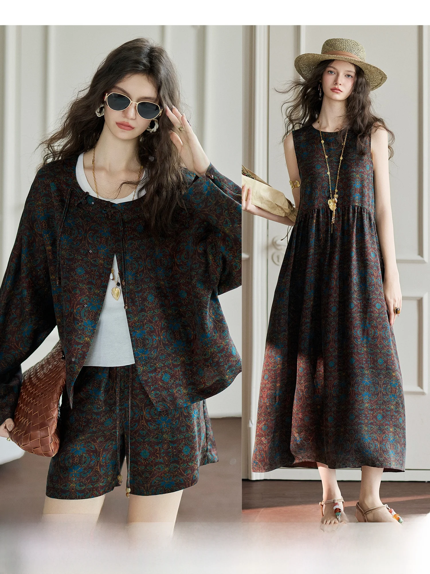 

Silk Cloud Shawl Short Coat Shorts Dress Women's Fashion Set Plant Floral Pattern Button round Neck Loose Fit Spring Workwear