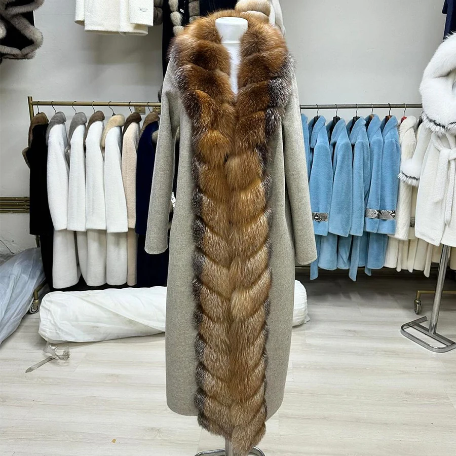 Real Fur Jacket Women Wool Blends Coat With Natural Fox Fur Trim Long Wool Fur Coat Winter Clothes For Women Trending Luxury