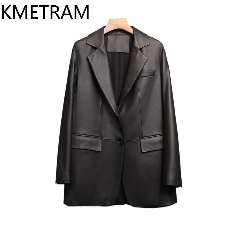 100% Sheepskin Jacket Woman Fashion Black Mid Length Genuine Leather Suit Jackets Women 2025 Autumn Ladies Clothes Chaquetas